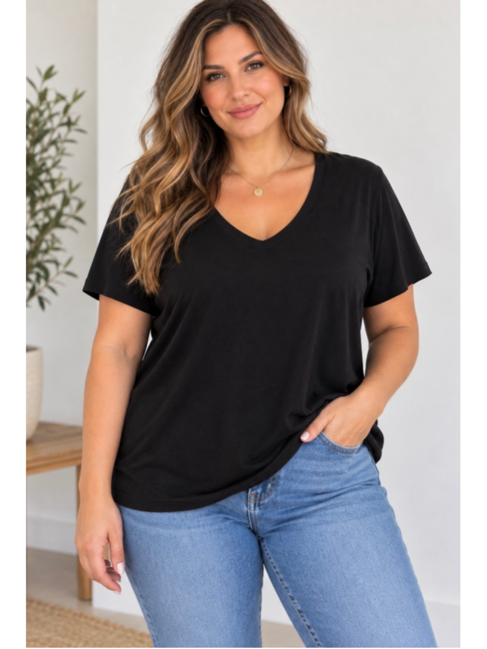 H&M Basics Black V-Neck T-Shirt Size XXL Relaxed Fit Short Sleeve
